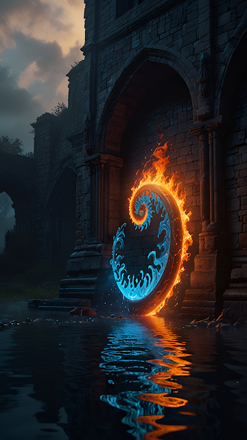 Fire Water Spiral Portal Ancient Ruins Fantasy Scene - Free mobile Wallpaper