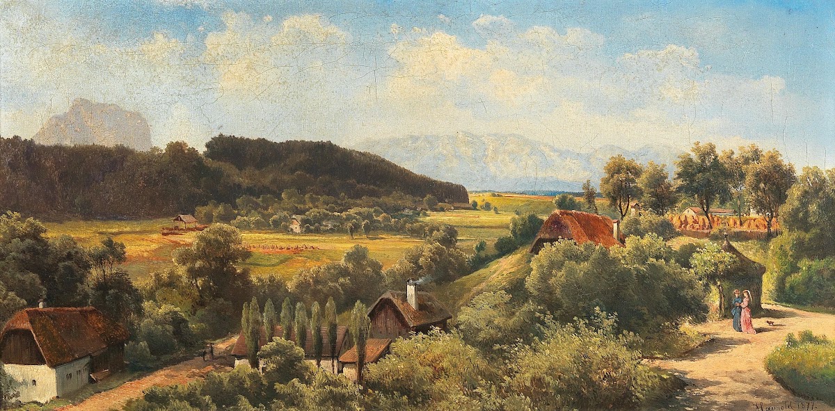 Aussicht von Schloß Wimsbach gegen das Höllengebirge und den Traunstein