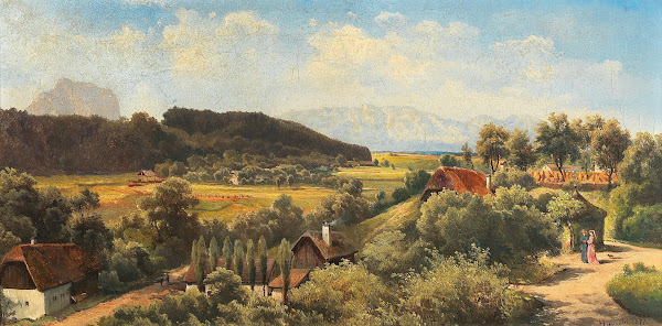 Aussicht von Schloß Wimsbach gegen das Höllengebirge und den Traunstein