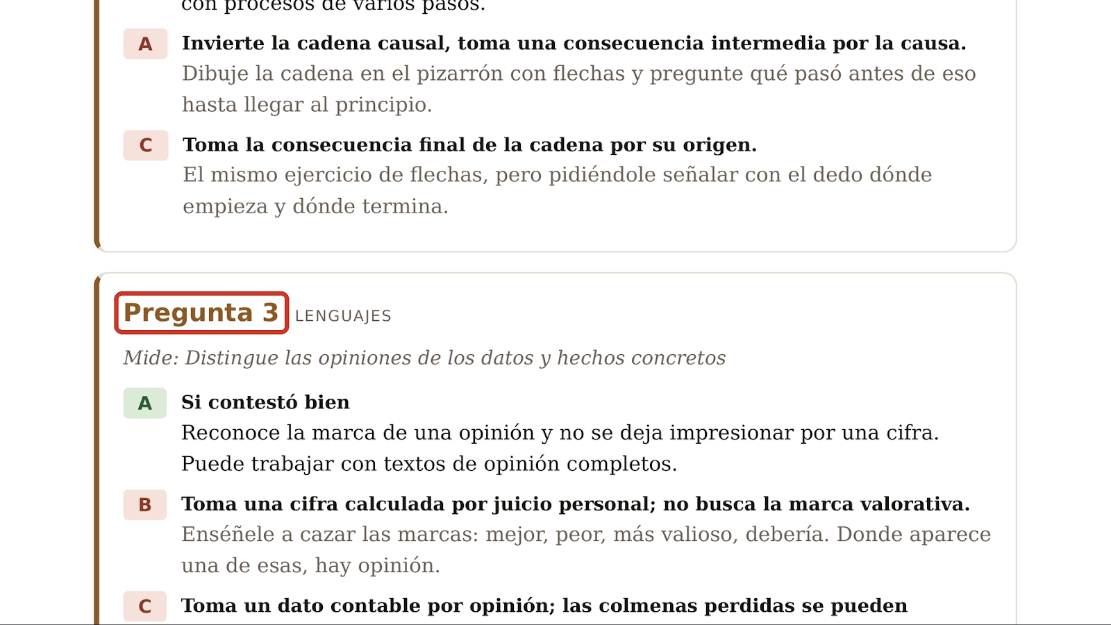 Página de la guía del maestro: qué revela cada respuesta equivocada