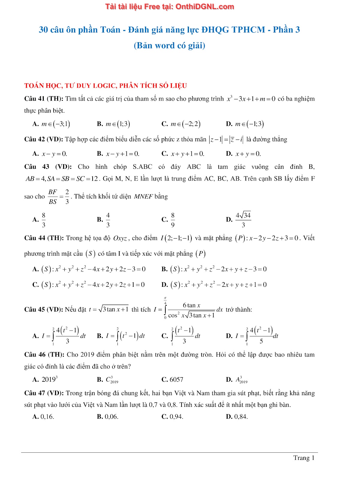 900 bài tập môn Toán - Ôn thi ĐGNL ĐHQG TP HCM Phần 3