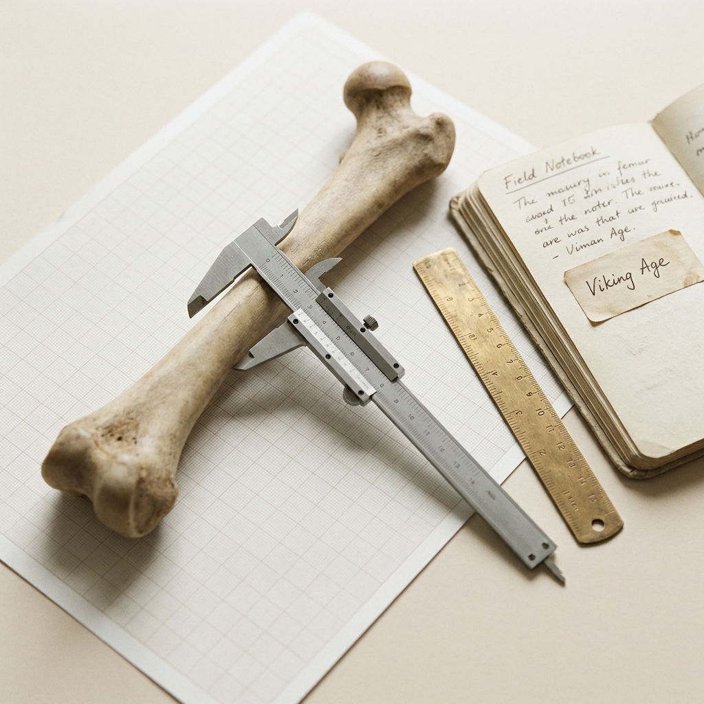 Close view of measured femur on graph paper with calipers ruler and notebook labeled viking age in minimalist Aurora Antiqua palette ancient viking rings for sale
