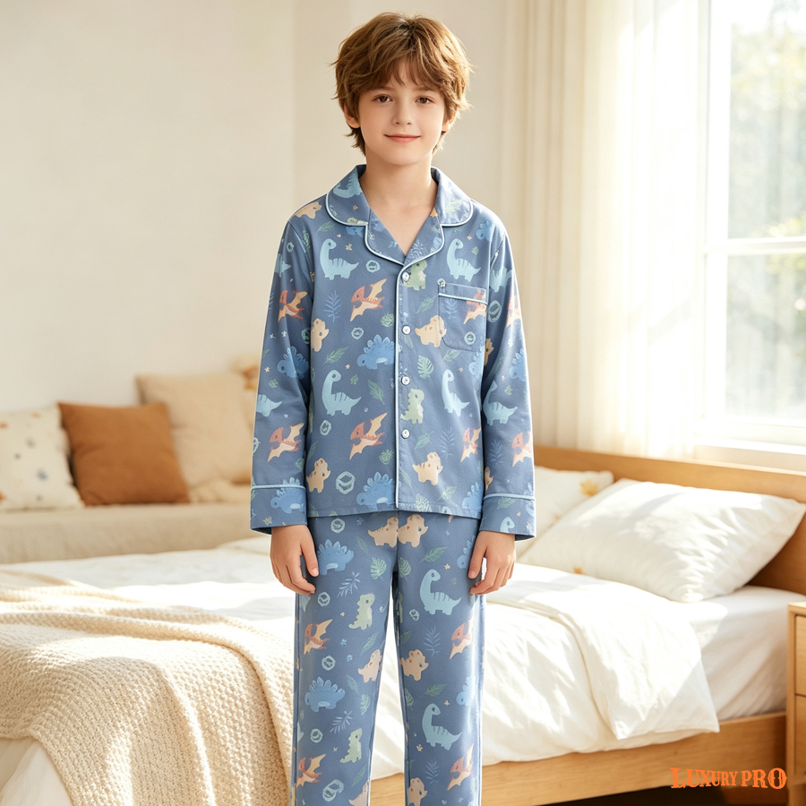 AOP KHU Children's Bordered Long Sleeve Shirt Pajama Set - No Drawstring