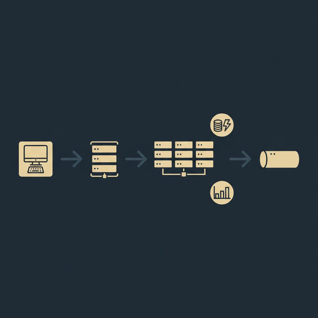 Flat 2D vector infographic of async job queue flow from client to queue to worker nodes to storage, with cache and analytics icons in dark blue and gold palette for DataForSEO