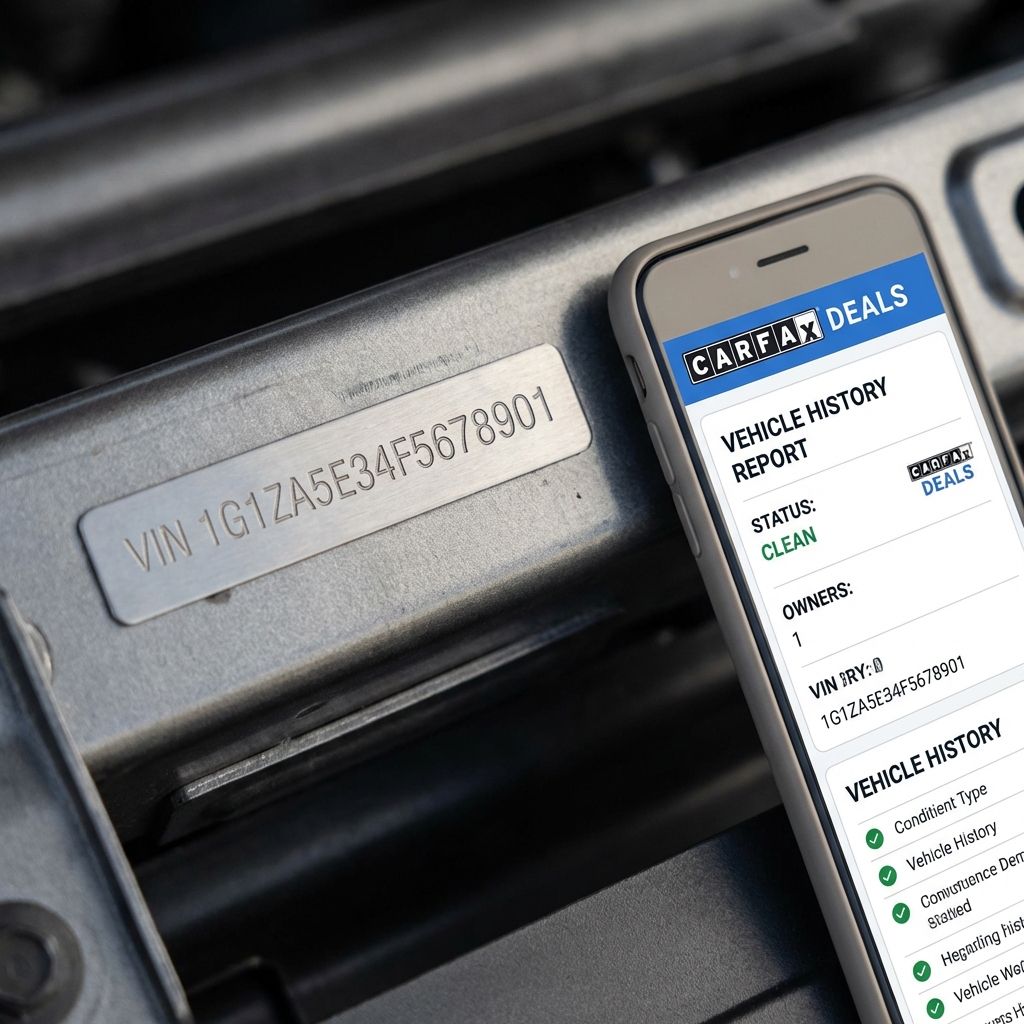 Close up of a car VIN plate on frame with a smartphone displaying a vehicle history report in CarFax Deals blue and white minimalist interface lexus rx 350 for sale