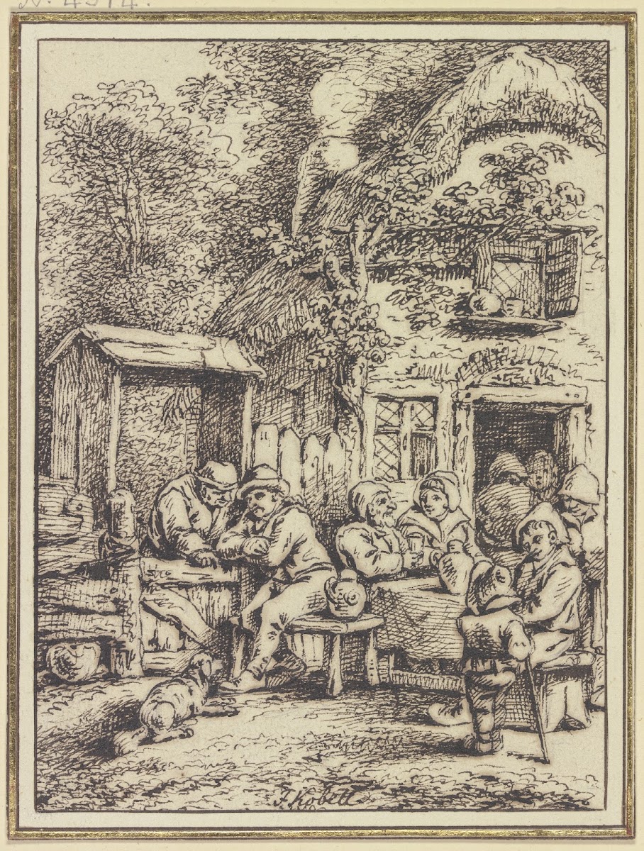 Bauerngruppe vor einem Haus bei Unterhaltung und Trunk