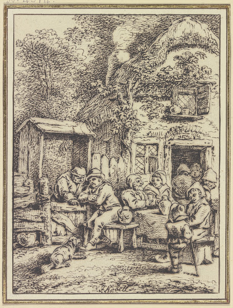 Bauerngruppe vor einem Haus bei Unterhaltung und Trunk