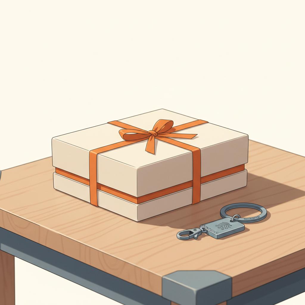 Detailaufnahme einer Geschenkbox mit graviertem Schlüsselanhänger auf Holztisch, warmes Licht und leichte Metallpatina – einfaches Geschenk für Männer