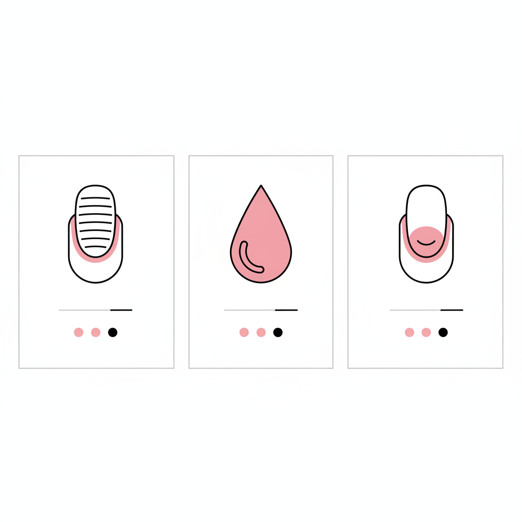 Minimalistische 2D-Vektor-Infografik mit Nagelplatte, Blutstropfen und Löffelnagel, zeigt visuell Ursachen, Tests und Pflege – Wie sehen Nägel bei Eisenmangel aus