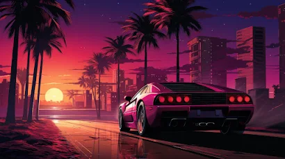 Ai Art, Sports Car, Ferrari, Palm Trees, Synthwave 2K Wallpaper Background