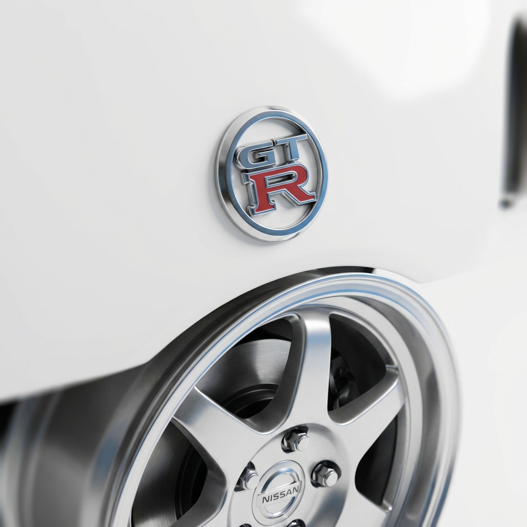 Close up of R34 GT R badge and original wheel showing authenticity and provenance on white background nissan skyline r34 for sale