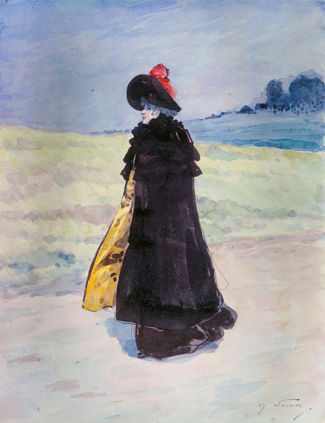 Elégante en cape noire dans un paysage 1890 1900