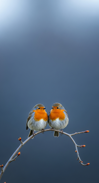 Close-up Photograph of Two Cute European Robins Perched Together on a Small Branch - Free mobile Wallpaper