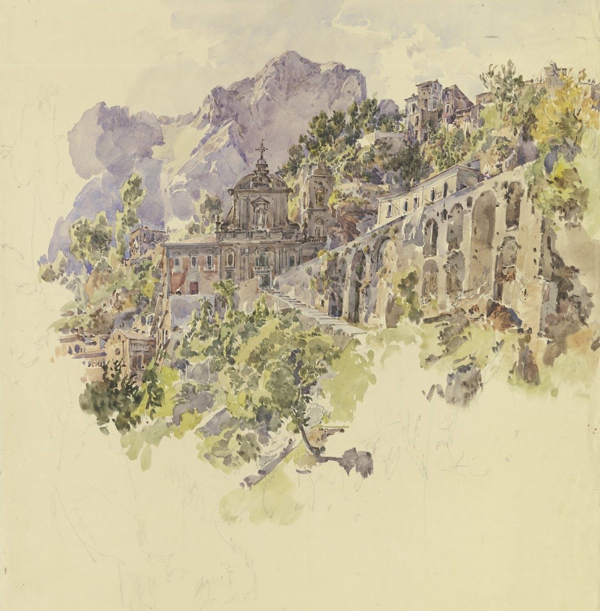 Kloster im Gebirge mit großen Terrassen und Treppen ca 1841  1847