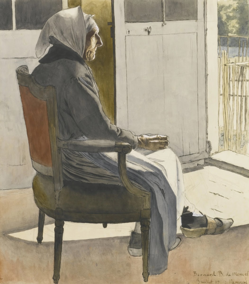 Portrait de vieille paysanne assise devant une port 1897