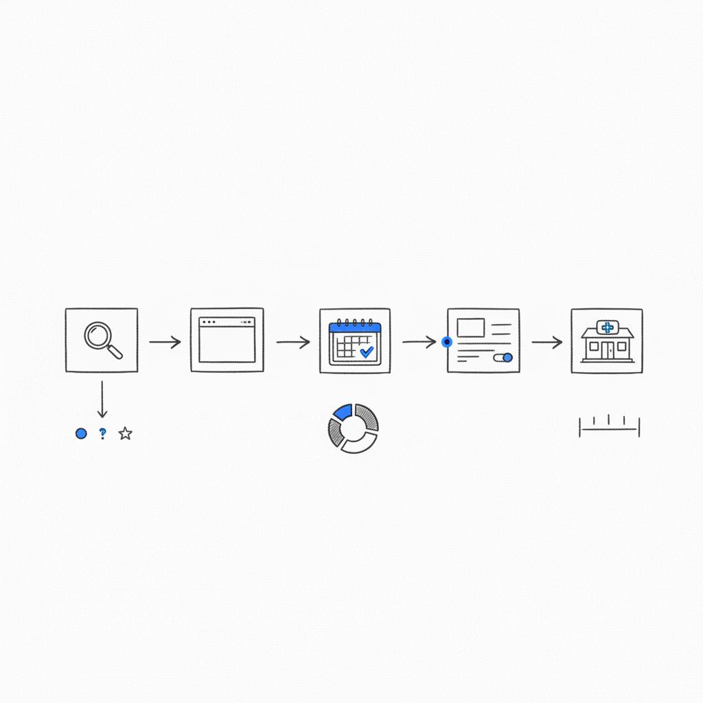 Minimal 2D vector sketch of a dental patient journey flowchart (search → find clinic page → book appointment → intake form → visit) with charcoal lines and blue conversion accents, dental website cost