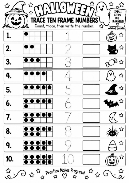 Halloween Trace Ten Frame Numbers
