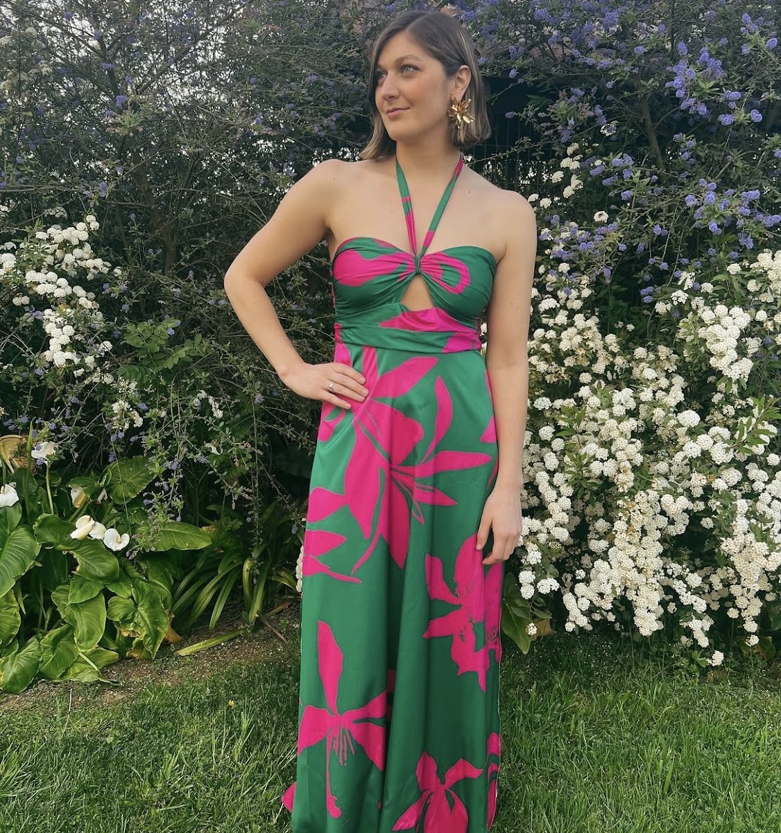 Vestido Estampado verde y fucsia