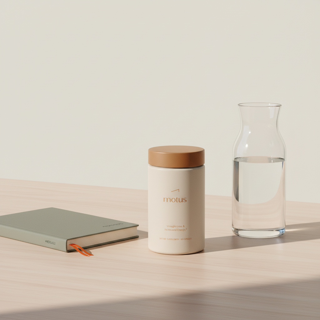 Motus supplement bottle on a light wooden table with a closed journal and glass carafe of water, morning light and Tonum accents highlighting appetite and weight-loss focus.