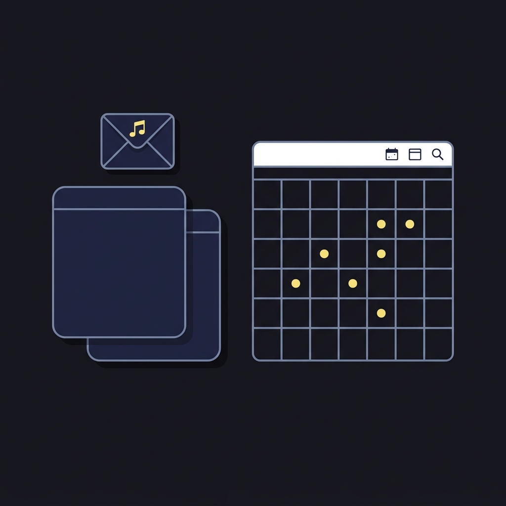 Minimal 2D vector showing a planner calendar with highlighted review dates and an envelope with a musical note representing Separating Entertainment from Financial Expectations