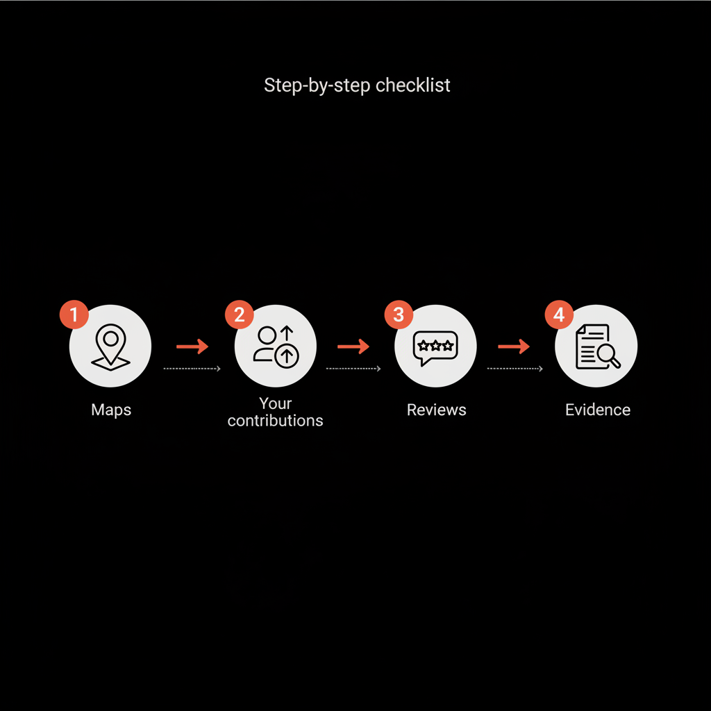 Minimal checklist infographic showing Maps > Your contributions > Reviews > Evidence steps to address a google review disappeared, clean vector icons on black background.