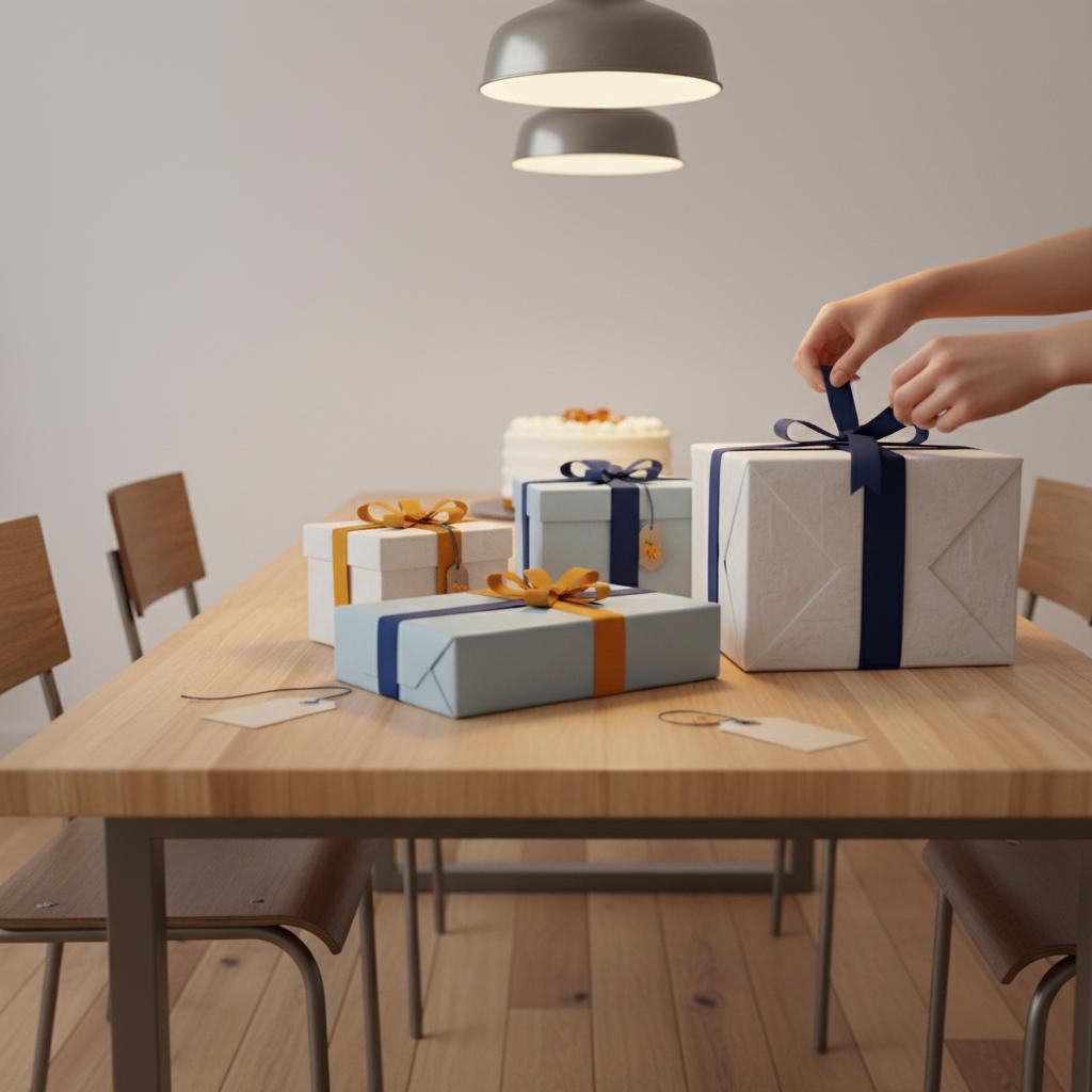 Esszimmertisch mit Geschenkboxen und Vanilletorte, Hände öffnen ein Geschenk, warmer industrieller Charme – Was kann man für Zeit zu zweit schenken?