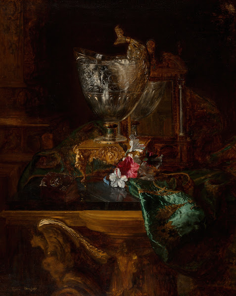 A nautilus cup on a carved stand with a floral still life