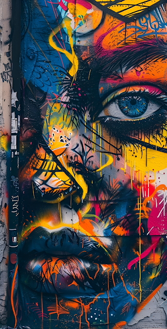 Neon Urban Graffiti Face Street Art Mural - Free mobile Wallpaper