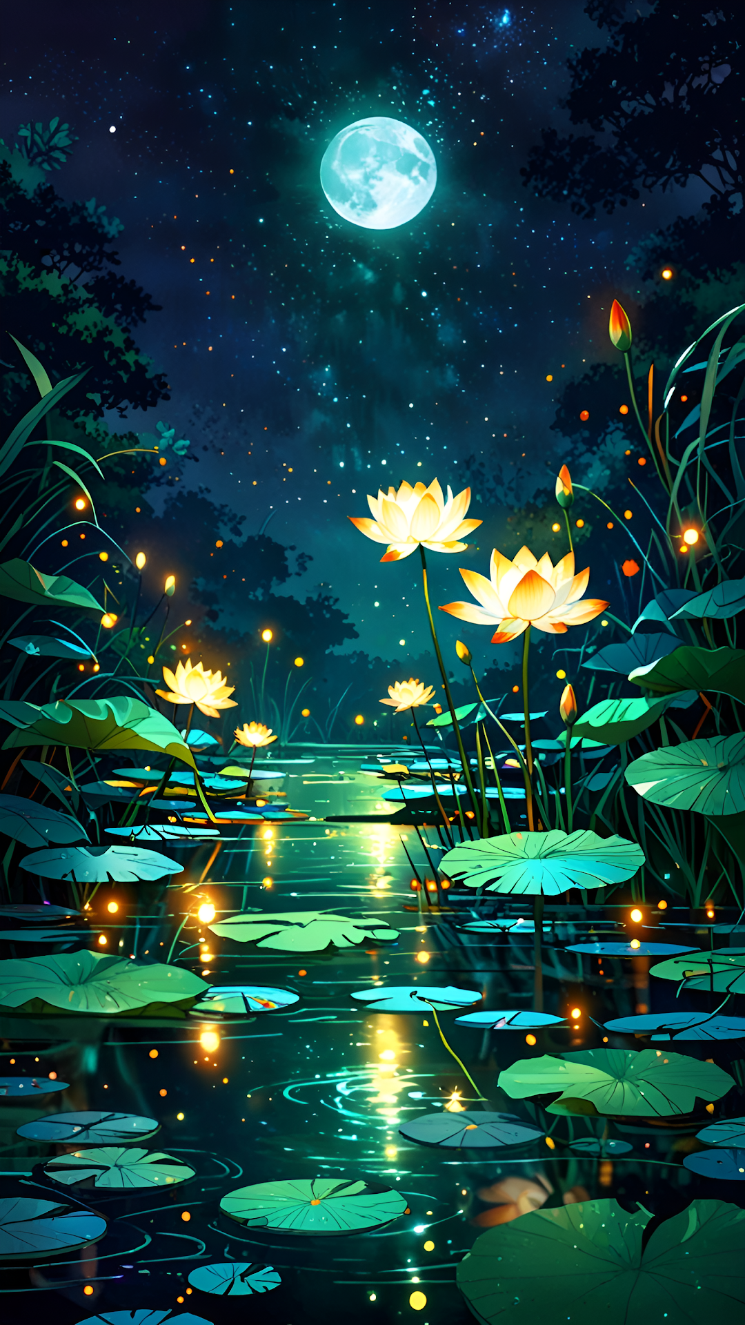 Enchanted Lotus Pond Under Starry Night and Turquoise Moon - Free 4K mobile Wallpaper