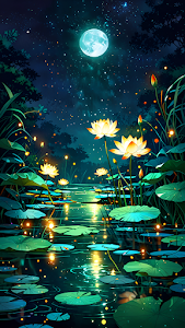 Enchanted Lotus Pond Under Starry Night and Turquoise Moon