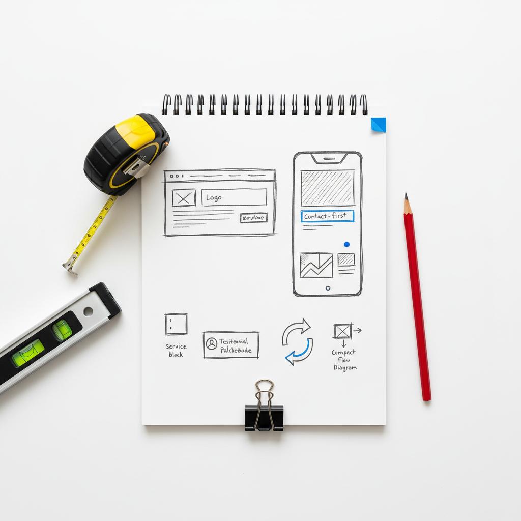 Flat-lay of contractor tools and sketched website wireframes on a white background showing a contact-first mobile layout and header for a website builder for contractors.