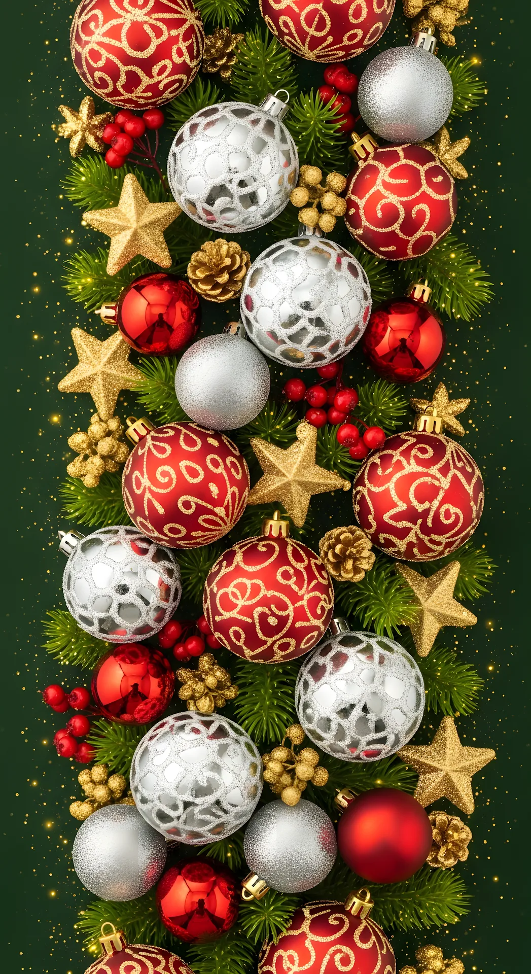 Festive Red Silver Gold Christmas Baubles and Pine Branches - Free 4K mobile Wallpaper