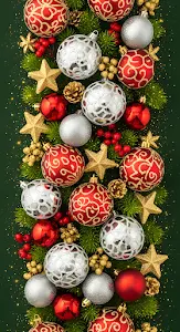 Festive Red Silver Gold Christmas Baubles and Pine Branches