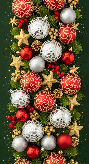 Festive Red Silver Gold Christmas Baubles and Pine Branches - Free mobile Wallpaper