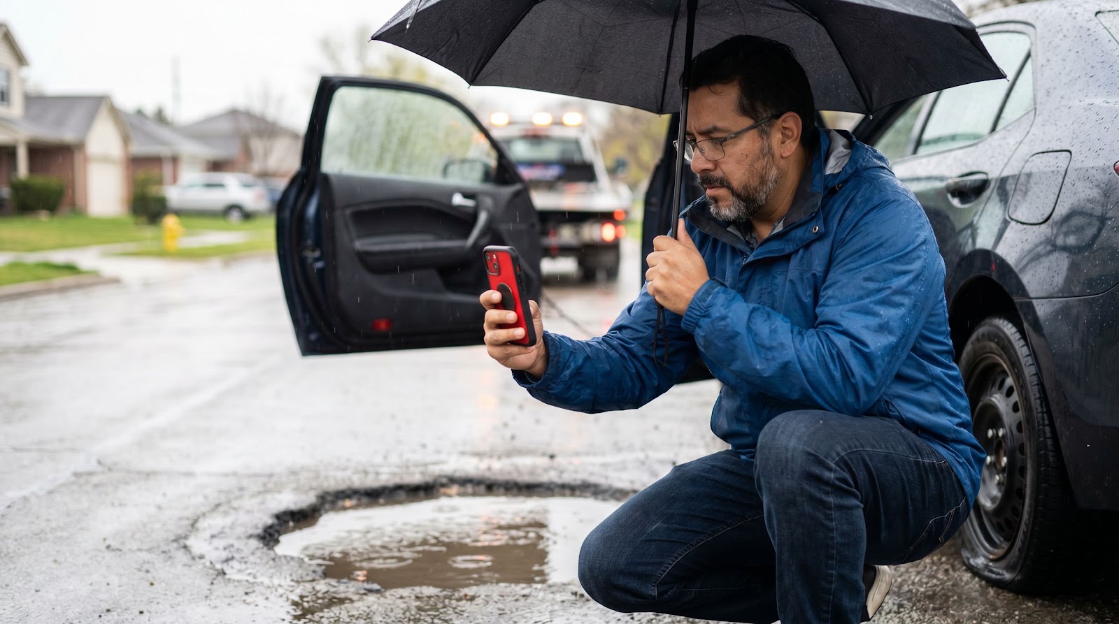 Conductor hispano documenta un bache cubierto por lluvia para un reclamo de seguro auto daños baches lluvia florida