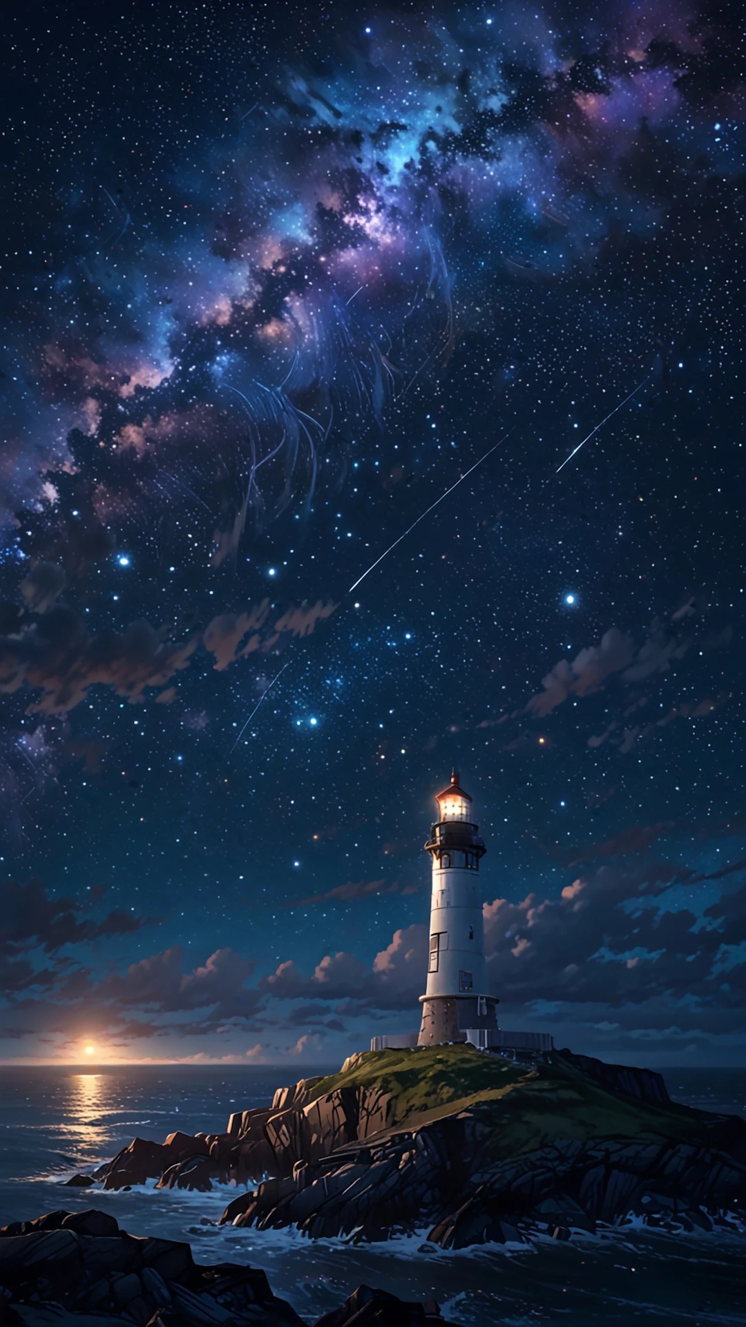 Lighthouse Under Galactic Night Sky - Free 4K mobile Wallpaper
