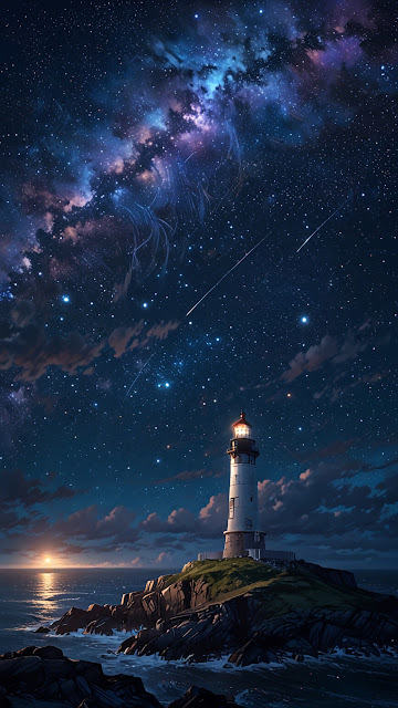 Lighthouse Under Galactic Night Sky - Free mobile Wallpaper