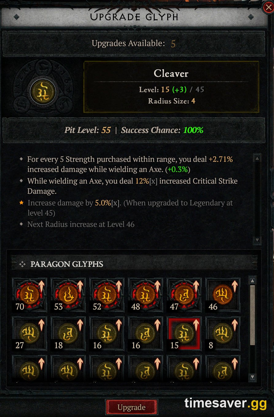 Diablo 4 glyph upgrade UI showing 100% success chance at Pit Level 55
