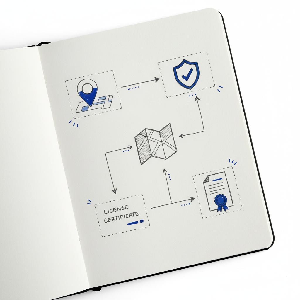 Open notebook with sketches of map markers, license certificate doodle, insurance badge and verification arrows illustrating How to qualify for Google Local Services Ads