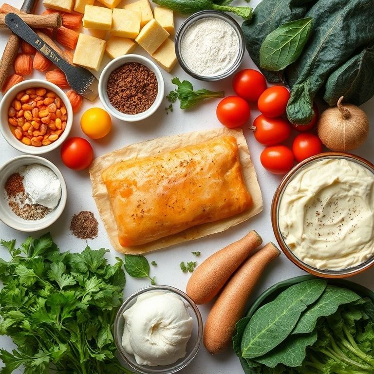 Ingredients for A delicious Veggie Phyllo Bake filled with assorted vegetables and creamy custard, perfect for a comforting meal – Easy Homemade Comfort Food