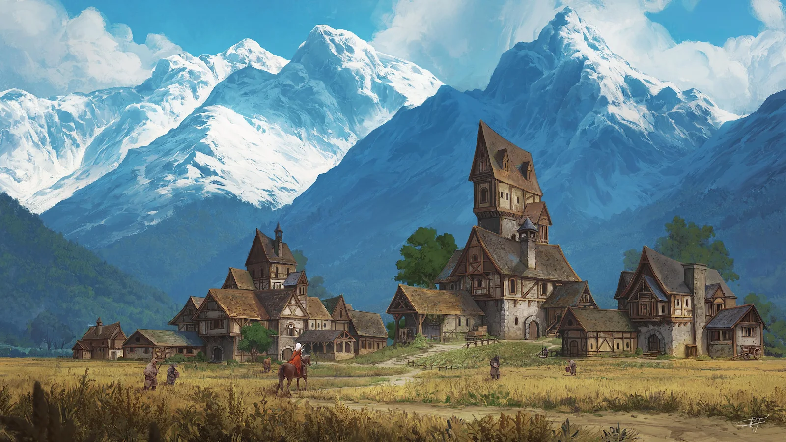 Alpine Village Beneath Snowy Peaks - Conceptual Digital Painting 4K Wallpaper (3840x2160)