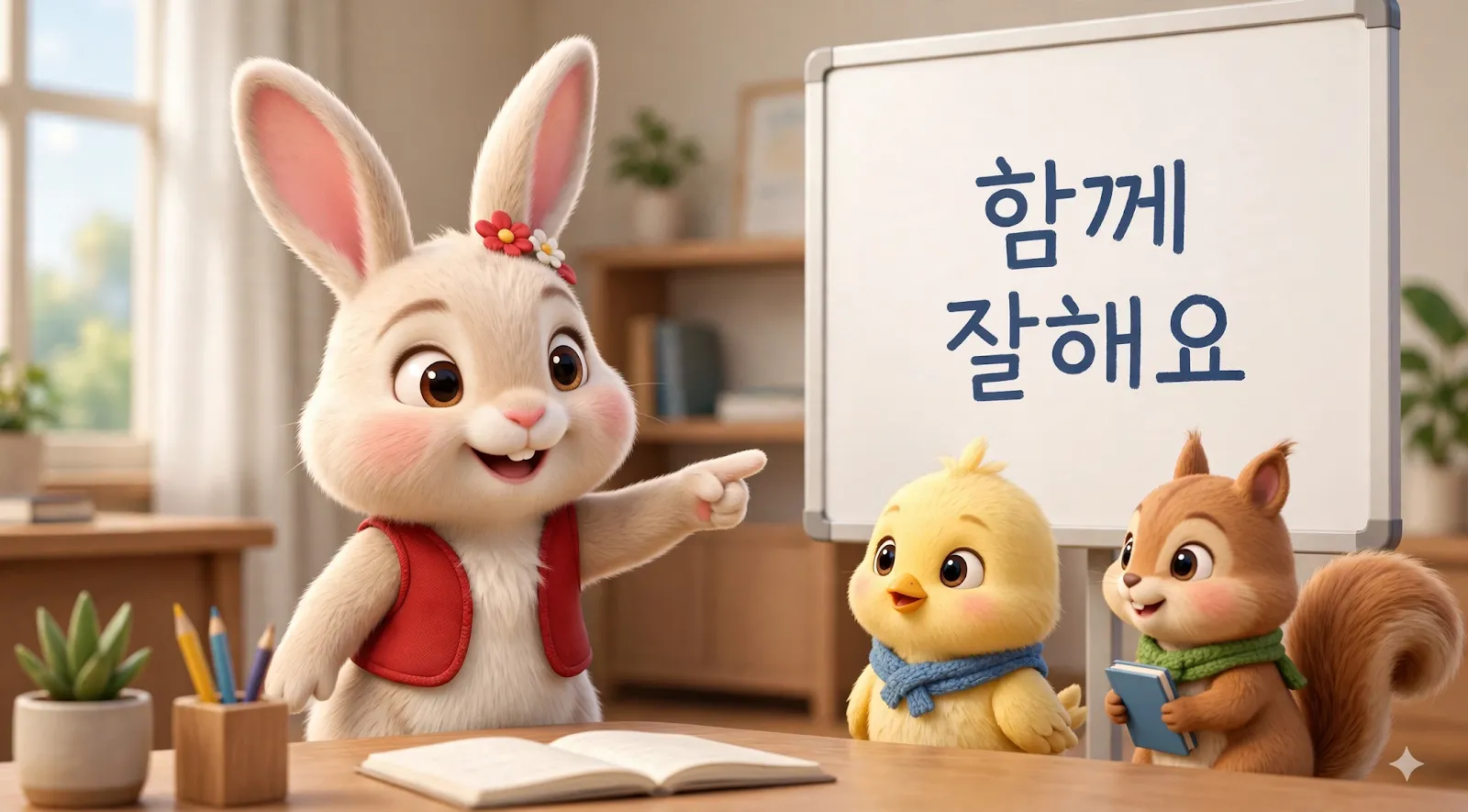 토끼 캐릭터가 화이트보드 앞에서 함께 잘해요를 설명하는 장면