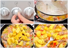 Khi món hầm đã sôi, bạn hạ nhiệt độ xuống, để ngọn lửa thấp. Đậy nắp nồi lại và bạn sẽ tiến hành hầm thịt trong khoảng từ 1 đến 4 tiếng, cho đến khi thịt mềm hẳn. Sau đó cho thêm khoai tây, khoai lang, cà rốt, củ cải… bất cứ loại rau củ nào mà bạn nếu muốn vào chảo hầm, hầm thêm 30 phút.