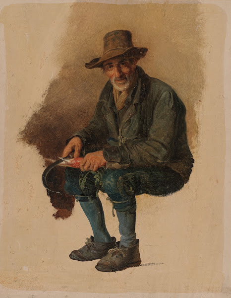 Alter italienischer Bauer einen Rettich mit der Sichel schälend ca 1850