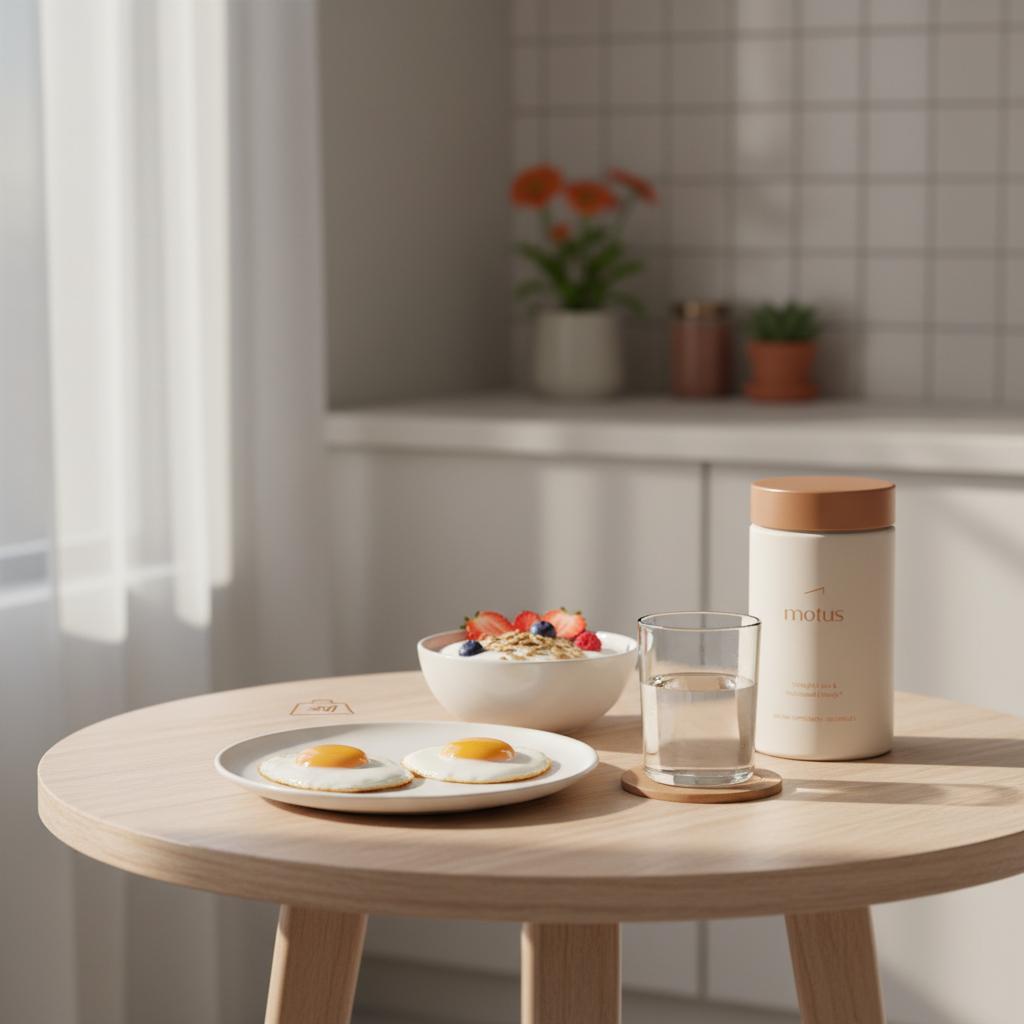 Minimalist kitchen breakfast with Tonum Motus bottle beside Greek yogurt, oats and berries, two eggs and a glass of water in soft morning light — how to trigger loss of appetite