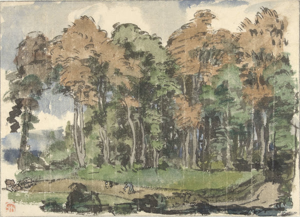 Weg aan een bosrand met landlieden aan het werk 1880   1942