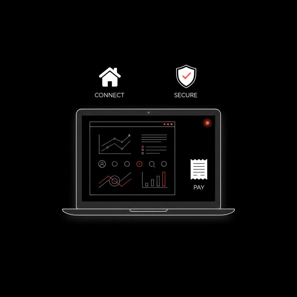 Minimal vector infographic of a laptop with home Wi‑Fi icon, small shield, and receipt on a black brand background, illustrating steps to recover old Gmail account.