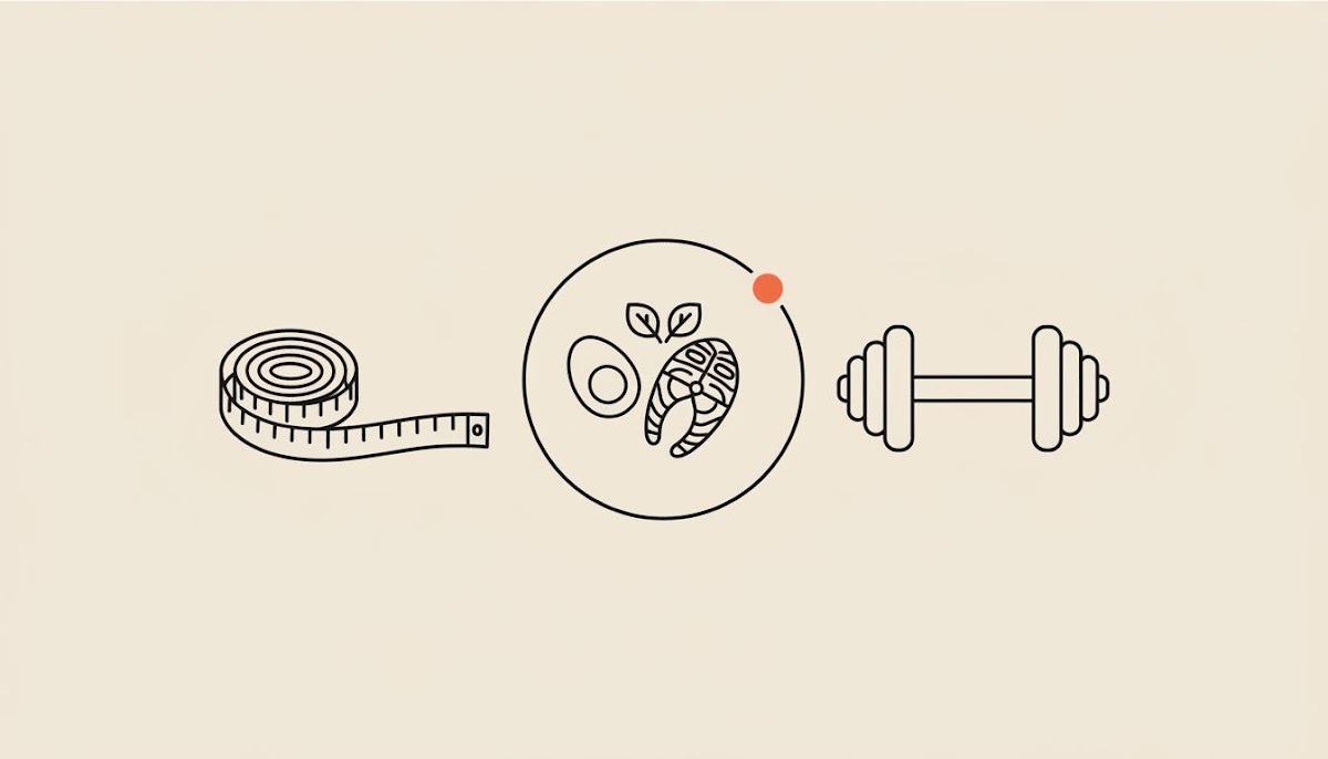 Minimalist Tonum-style line illustration of a waist tape, protein plate and dumbbell on a beige background, referencing after menopause do you lose weight