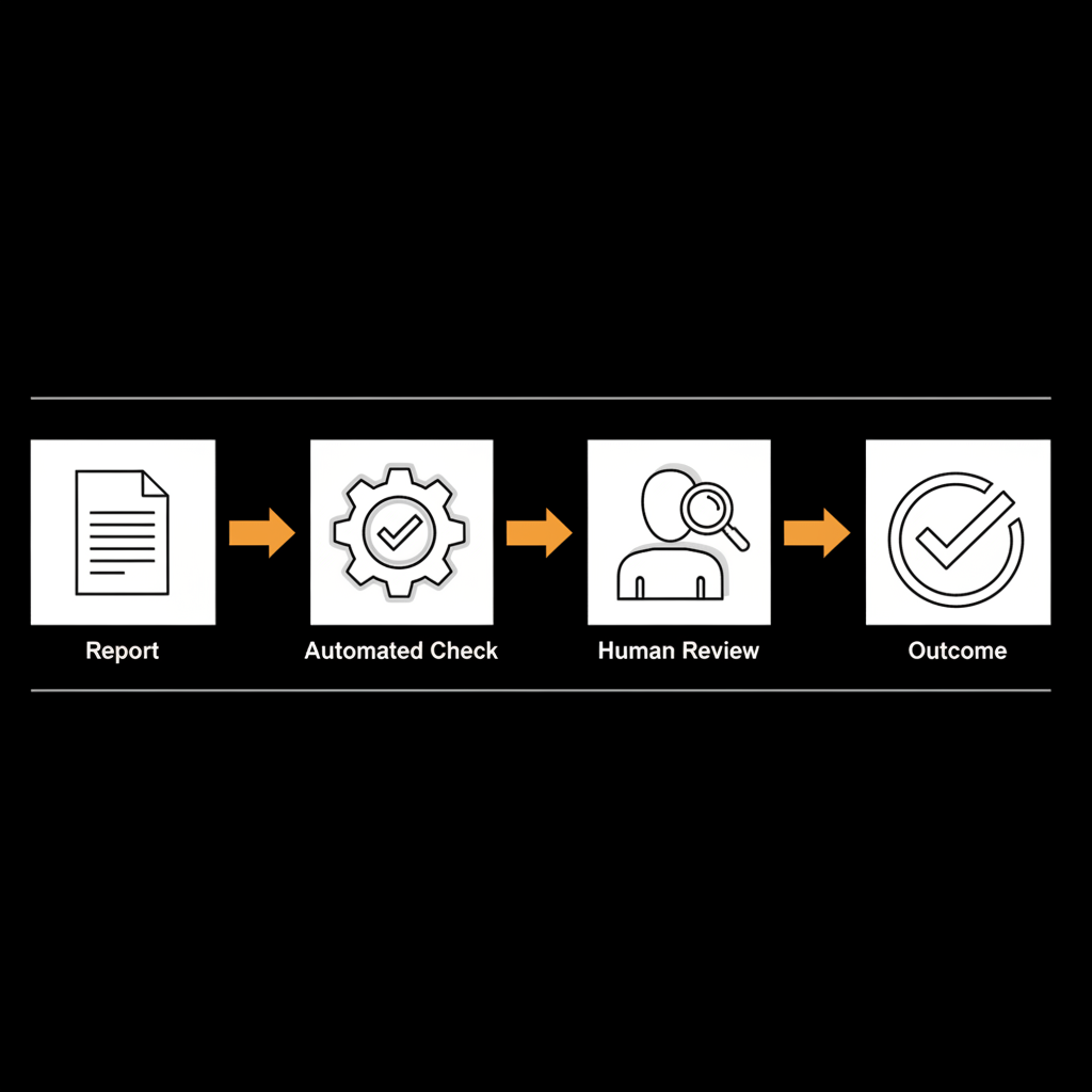 Minimal infographic step-by-step reporting flow (Report → Automated Check → Human Review → Outcome) on black background using brand colors — Does Google tell who reported a review?