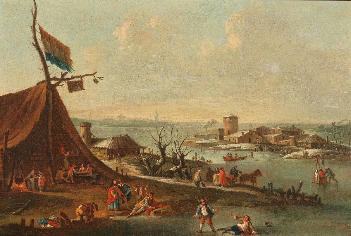 A winter harbour scene with ice skaters